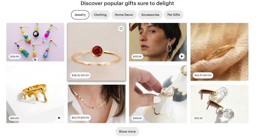 Screenshot of Etsy category browsing page showing subcategories and filters.
