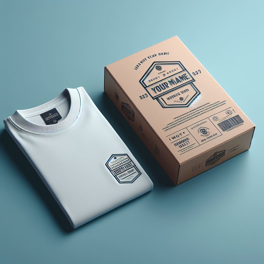 A mockup showcasing a t-shirt with a custom inner neck label and a branded packaging box with the company logo.