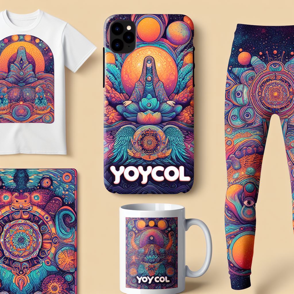 A collage showcasing a variety of Yoycol products, such as a t-shirt, phone case, mug, and leggings, all featuring colorful all-over print designs.
