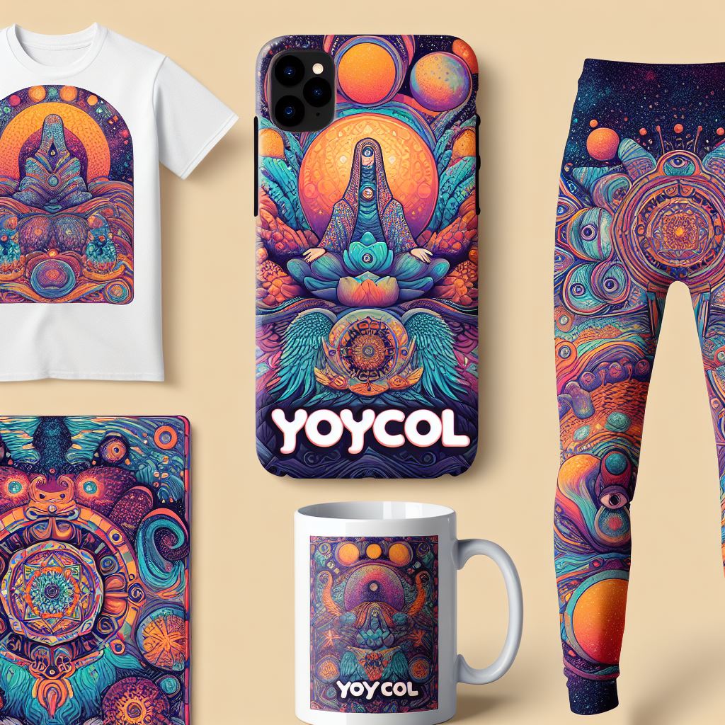 A collage showcasing a variety of Yoycol products, such as a t-shirt, phone case, mug, and leggings, all featuring colorful all-over print designs.
