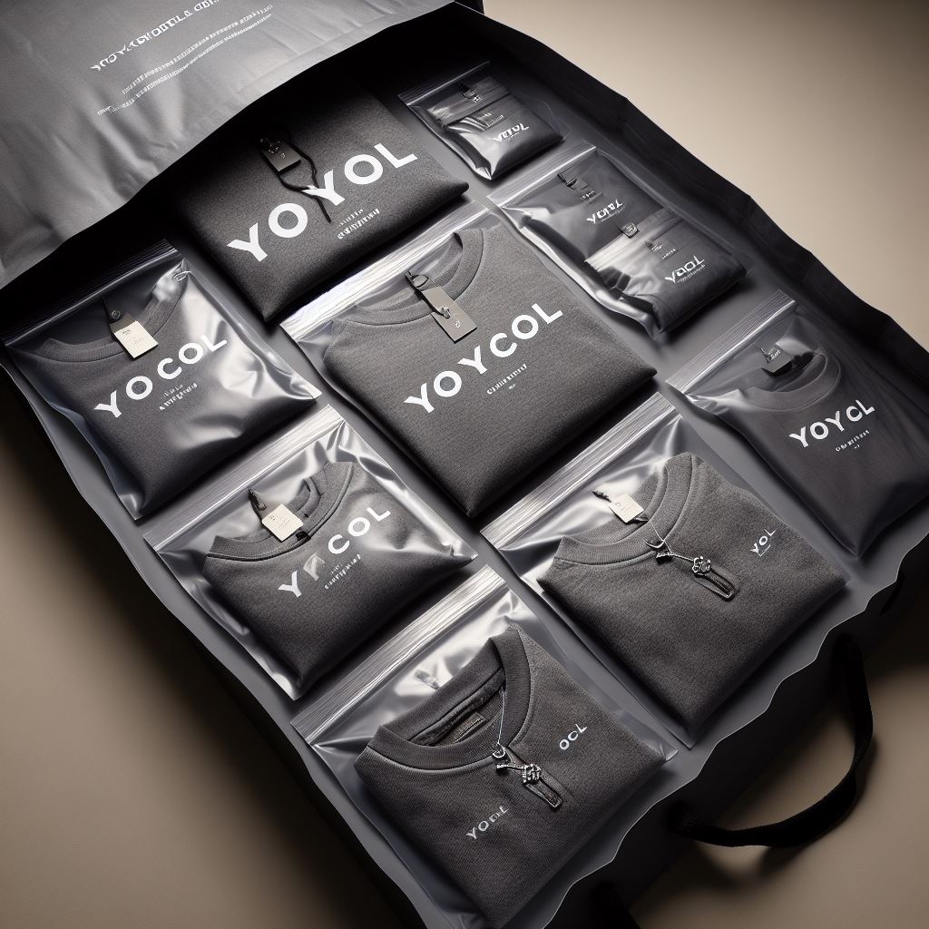 Photo showcasing the packaging of the Yoycol order, highlighting the gray outer bag and the individual zip-lock bags containing each garment.