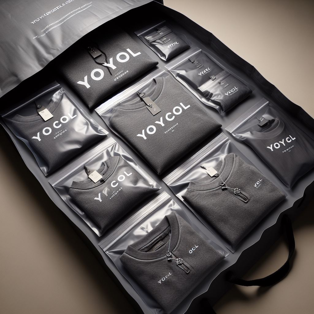 Photo showcasing the packaging of the Yoycol order, highlighting the gray outer bag and the individual zip-lock bags containing each garment.