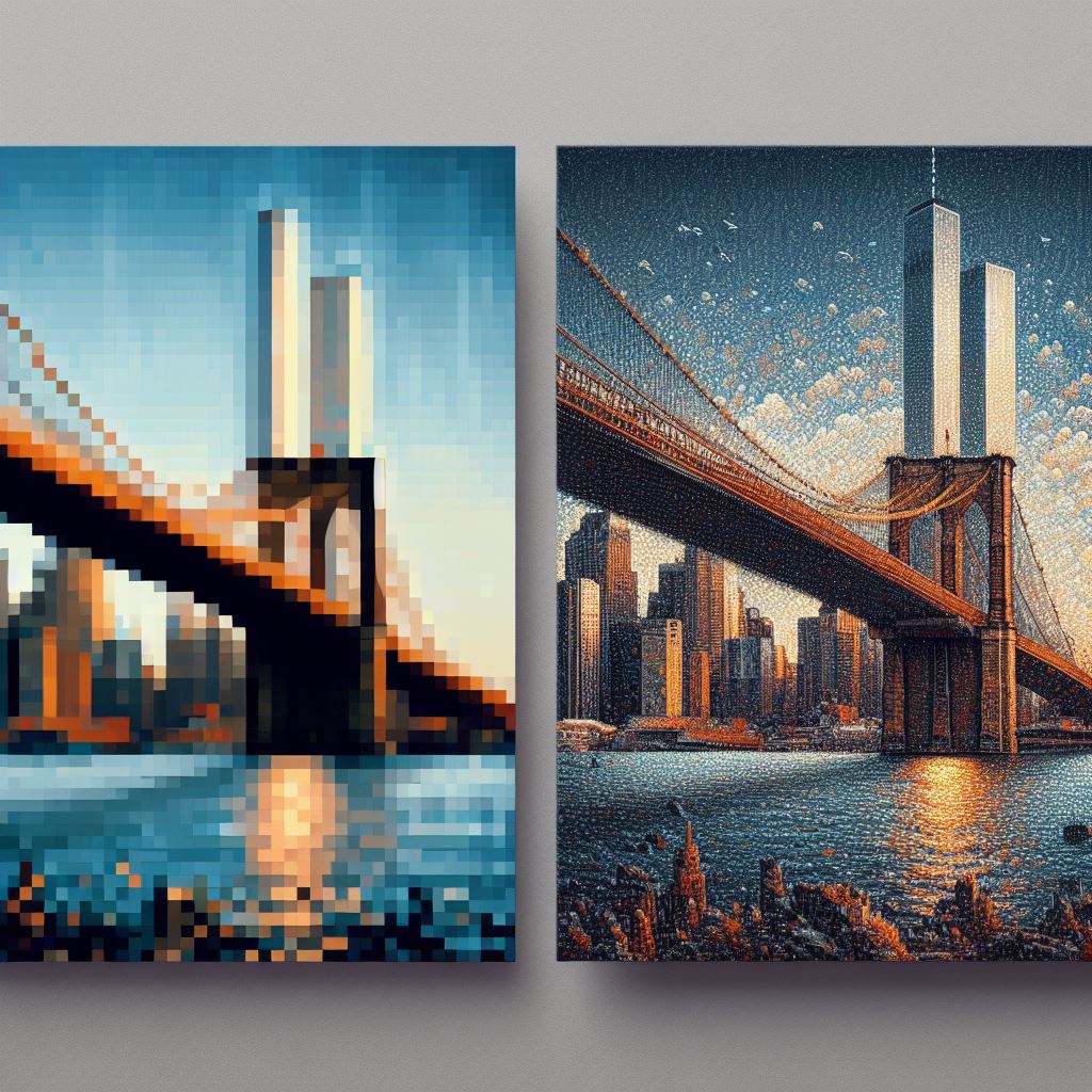 Comparison of a low-resolution image and its upscaled version using Gigapixel AI or Vectorizer.ai
