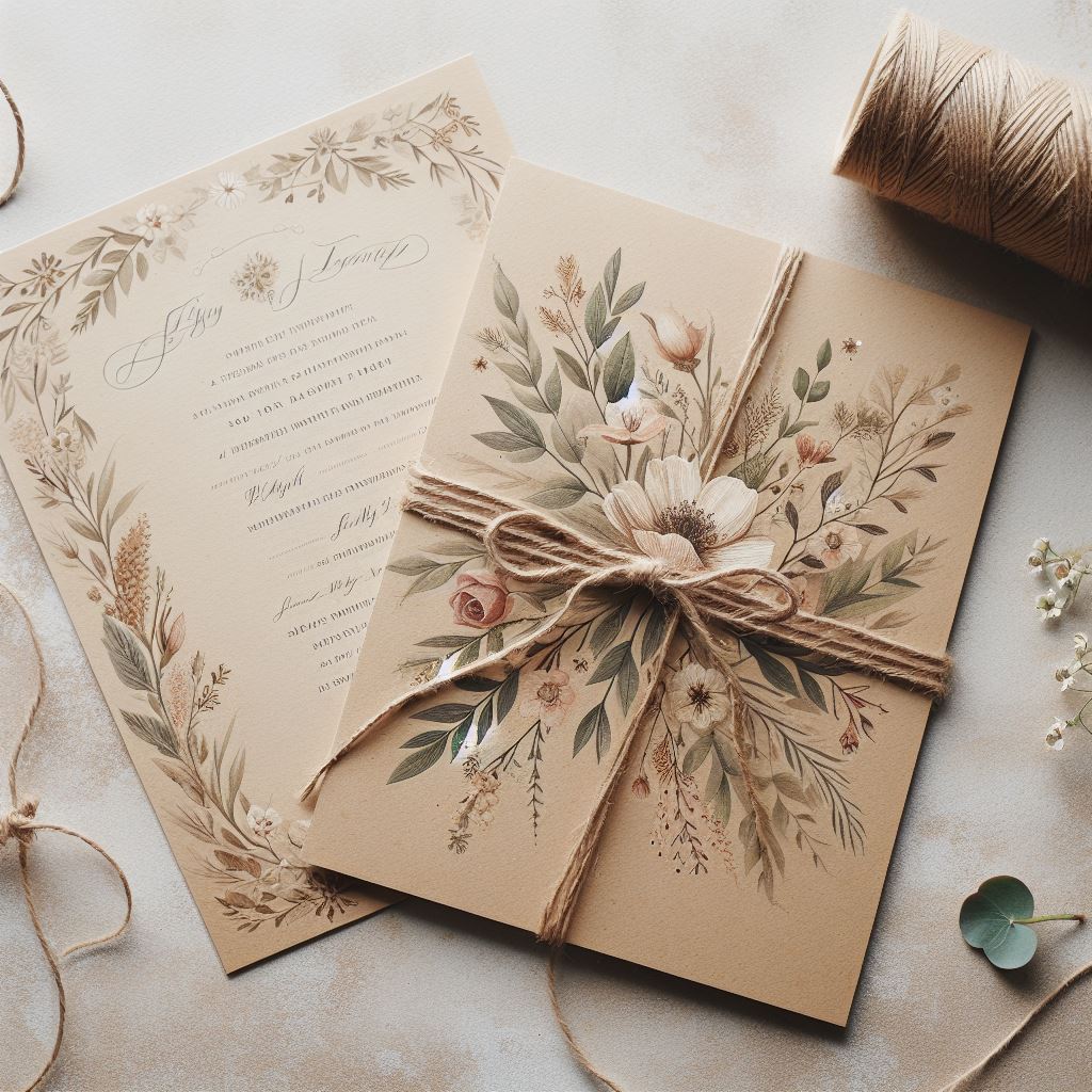 Rustic wedding invitation with kraft paper, floral illustrations, and twine tie.