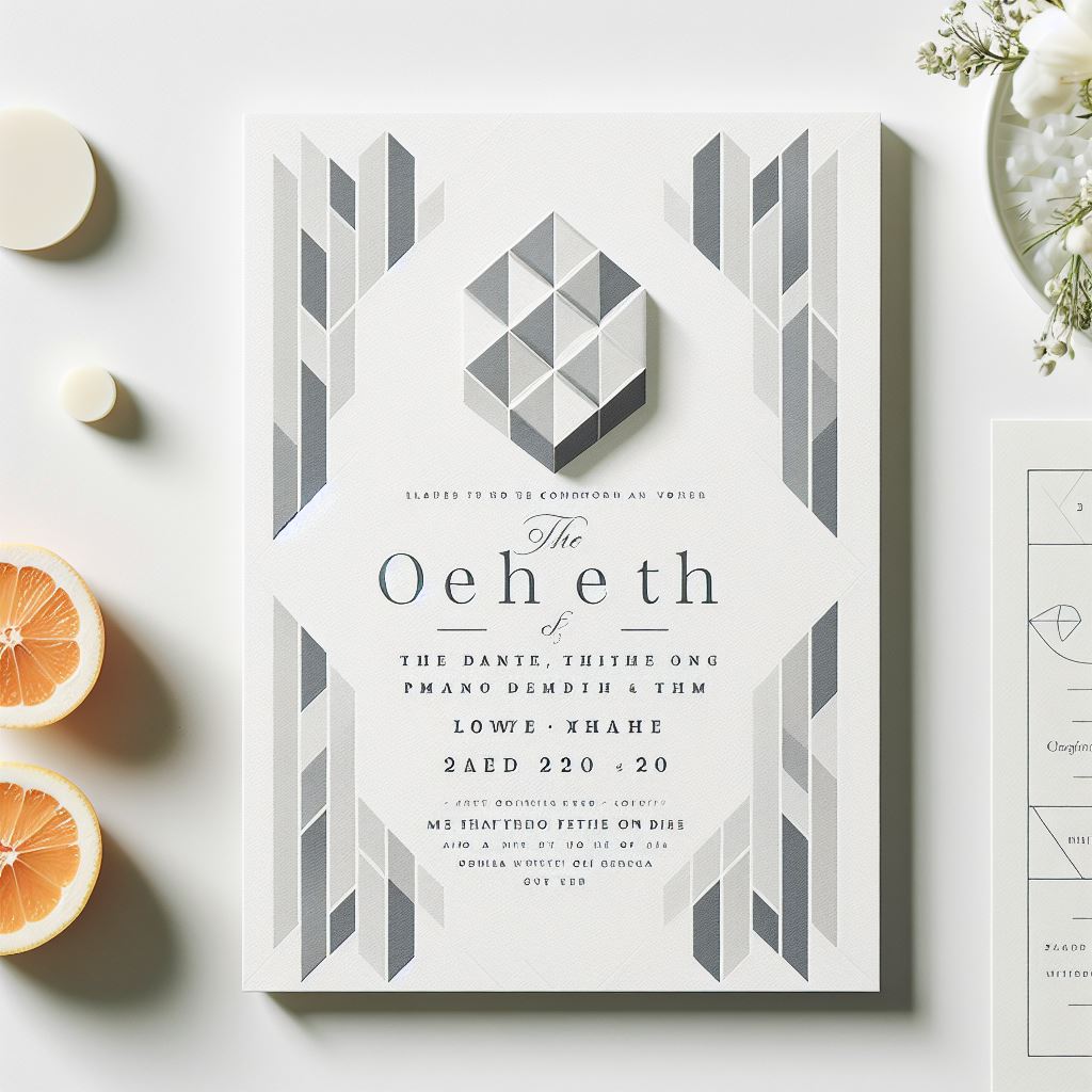 Modern wedding invitation with geometric pattern, bold typography, and a minimalist design.