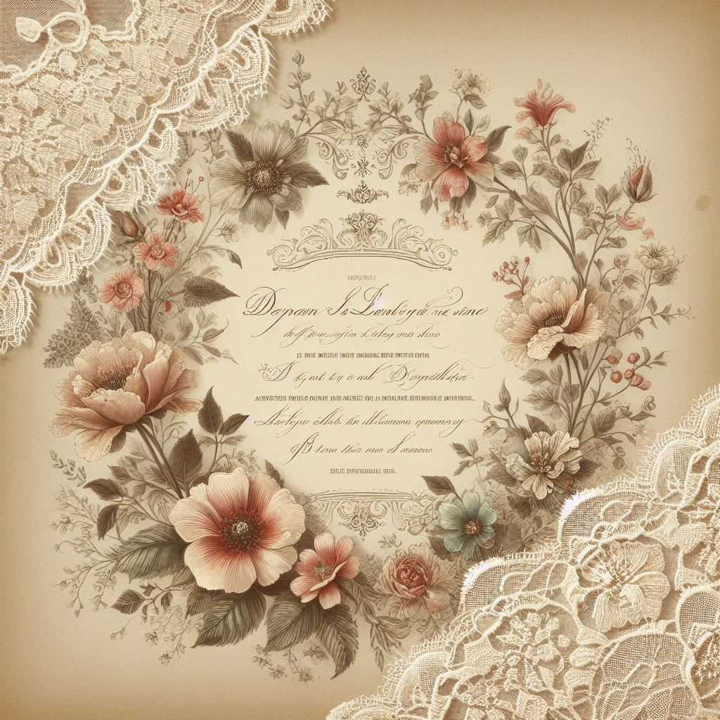 Vintage wedding invitation with antique floral illustrations, a script font, and lace embellishments.