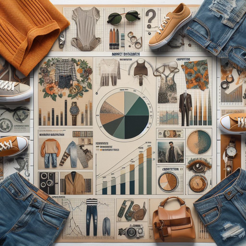 A mood board showcasing different apparel trends, target audiences, and competitor analysis. Caption: Thorough market research is crucial for understanding your audience and positioning your brand effectively