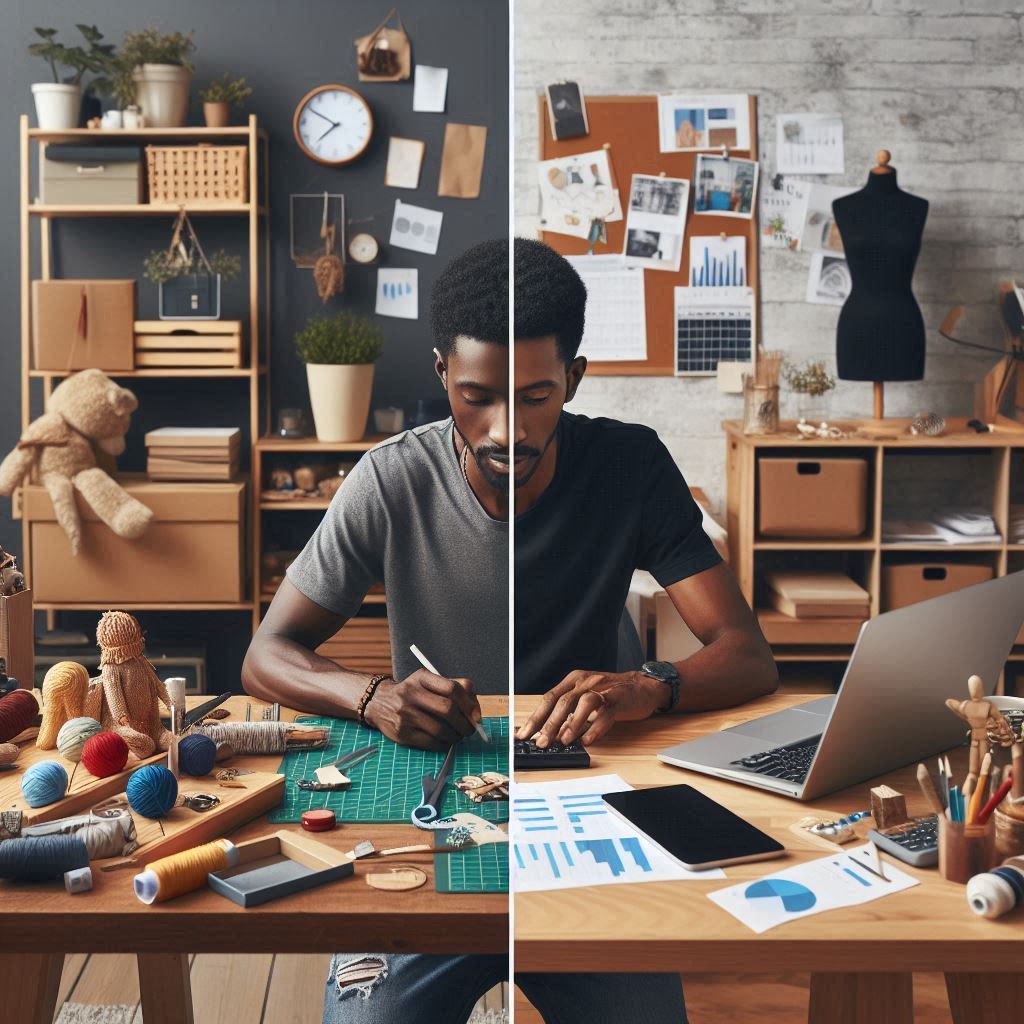 A split image contrasting a casual hobby setup with a professional business workspace. The hobby side could depict someone crafting at their kitchen table, while the business side shows an organized office space with inventory, shipping supplies, and accounting software.