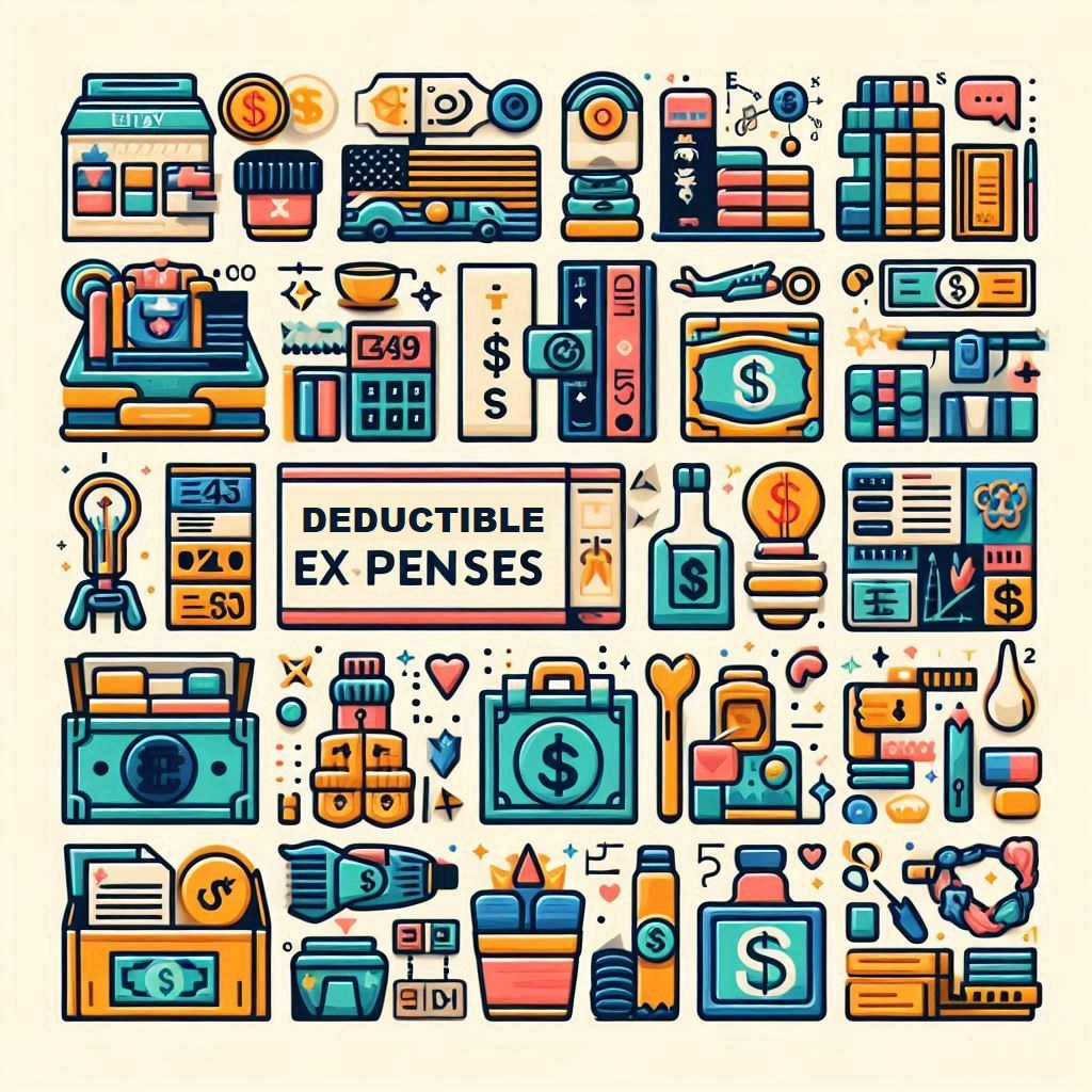 A visually appealing illustration or collage showcasing common deductible expenses for Etsy sellers, with icons representing each category (supplies, shipping, marketing, etc.).