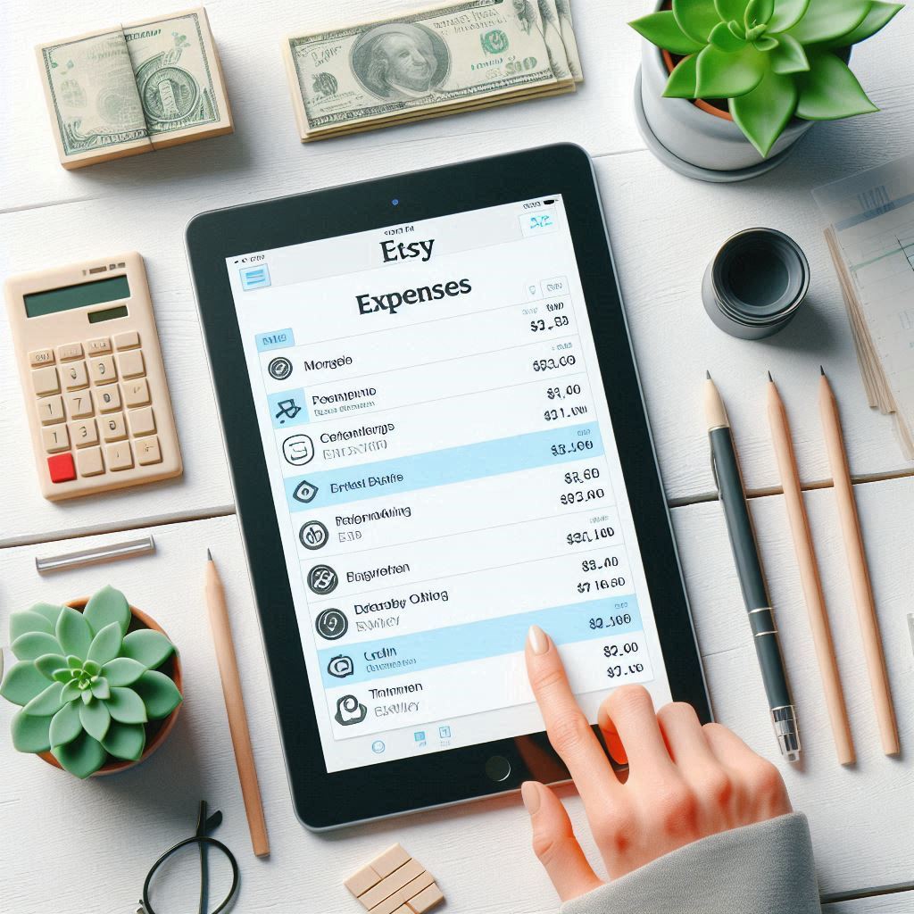 A clean and organized digital spreadsheet or accounting software interface demonstrating how to categorize and track Etsy expenses.