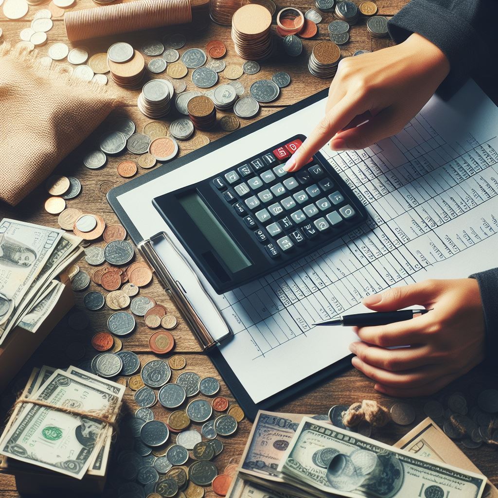 Etsy Seller using a calculator and spreadsheet, carefully listing and adding up all their product costs. Caption: "Accurate cost calculation is essential for profitable pricing!