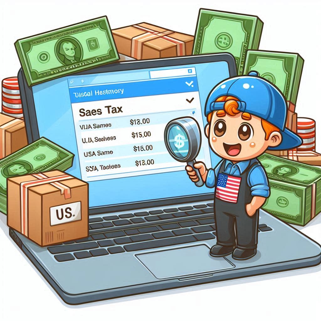 A US Etsy transaction history, showing the sales tax collected. Add a caption explaining Etsy's automatic sales tax collection and remittance process for US sellers.