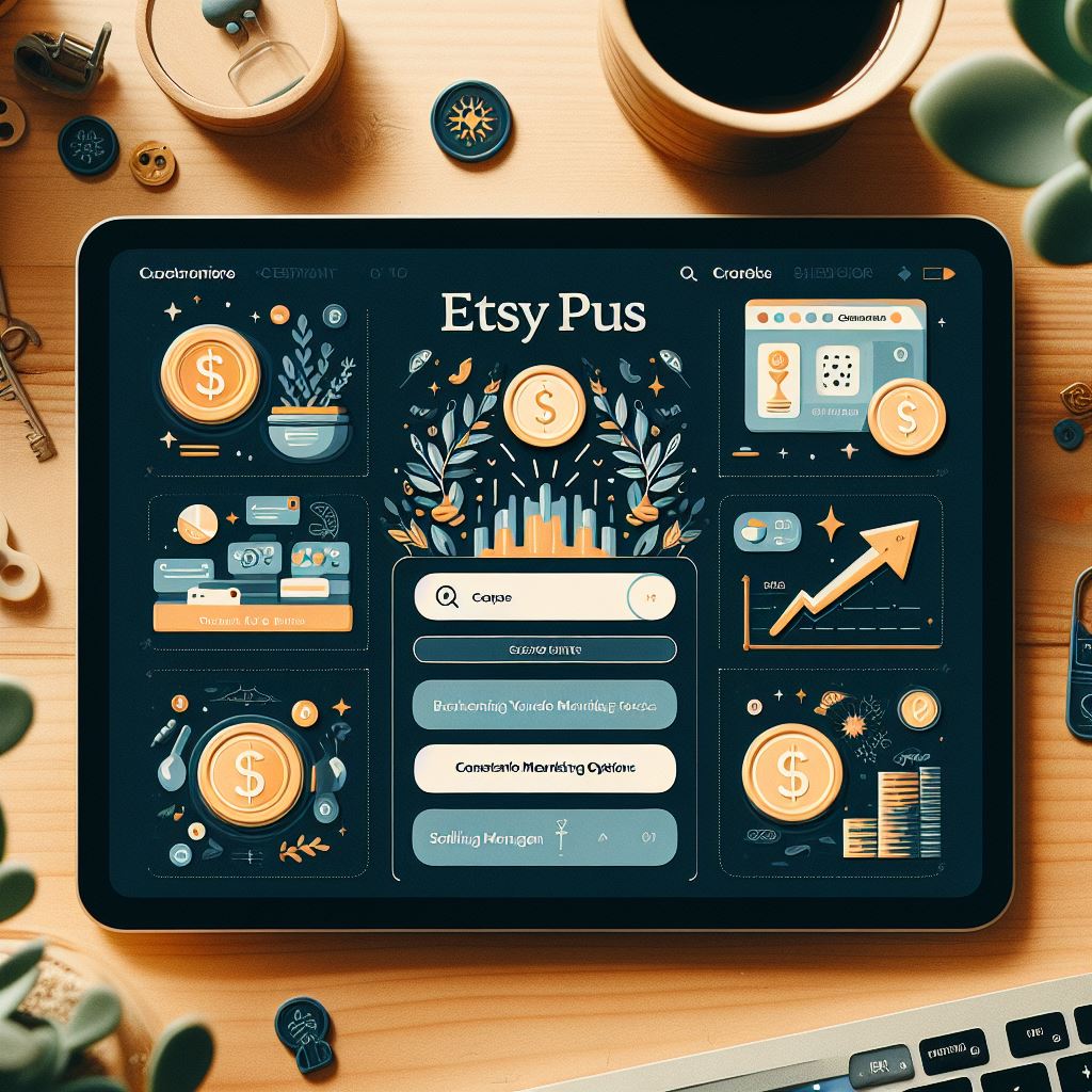 A screenshot of the Etsy Plus dashboard, showcasing its key features and benefits, such as customization options and credit management. Add a caption explaining how Etsy Plus can benefit sellers by enhancing their shops and providing marketing perks.
