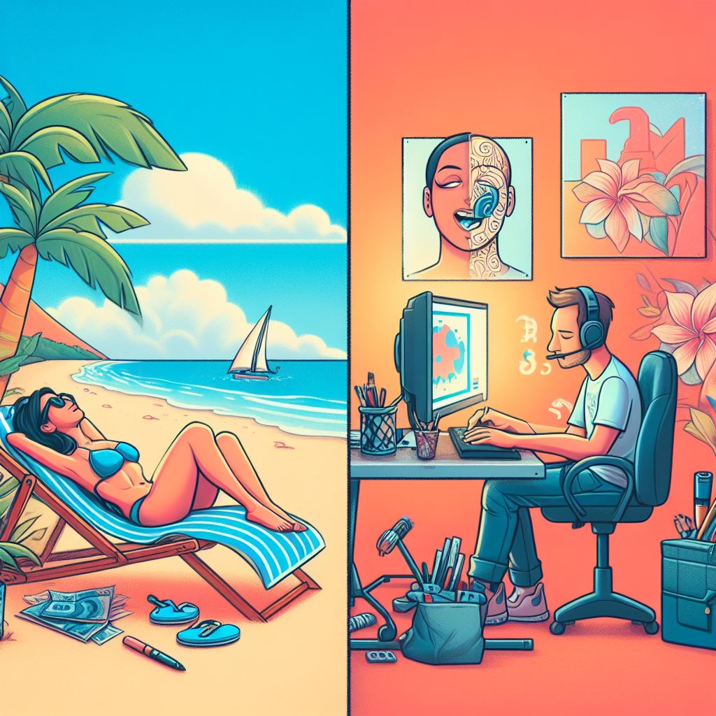 illustrating the contrast between the "dream" of passive income and the reality of the work involved. For example, split the image in half, showing a relaxed artist on a beach on one side and a busy artist working on their computer on the other.