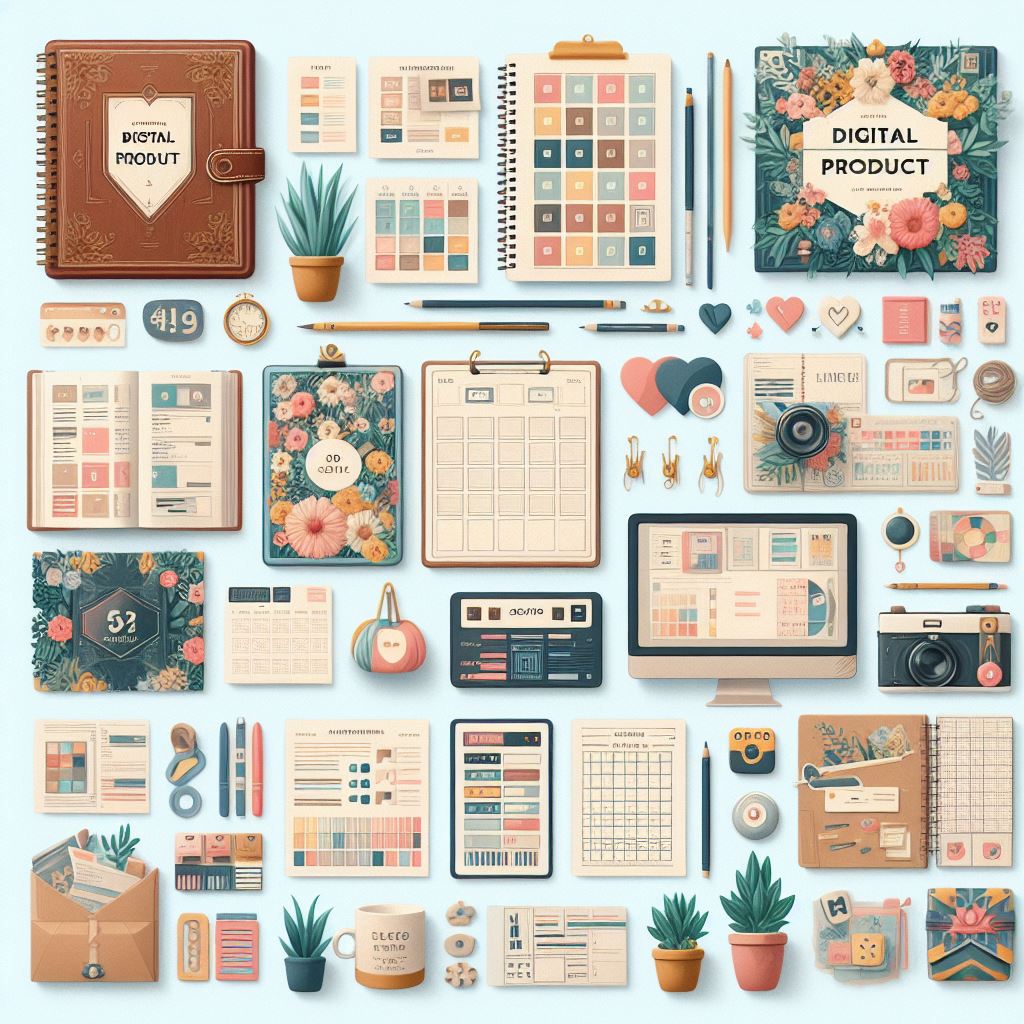 an image showcasing a variety of popular digital product examples. Include visually appealing examples like planner layouts, art prints, templates, and other items mentioned in the HTML files.