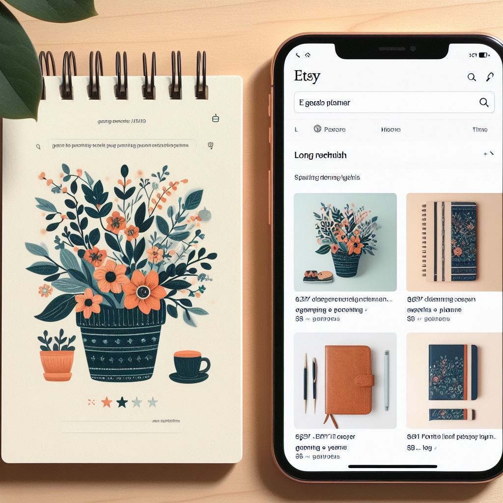 an Etsy search results page for a generic keyword like "planner." Contrast this with a screenshot showing results for a more specific long tail keyword.