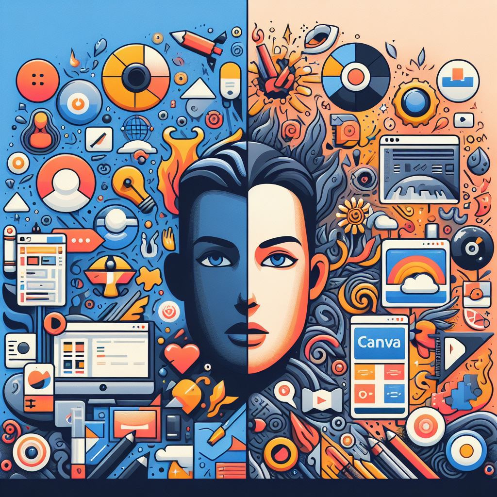 a split image comparing Canva's interface on one side and Corjl's interface on the other. Highlight their respective strengths and target audiences.