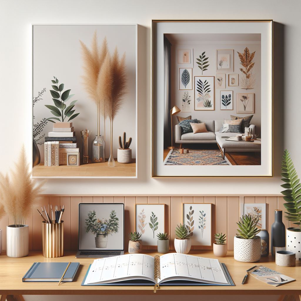 Showcase a visually appealing mockup of a printable product (e.g., a planner laid open on a desk, a wall art print hanging in a stylish living room).