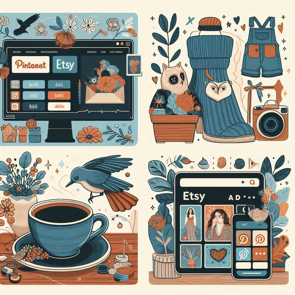 Include a collage showcasing different marketing channels. Feature a Pinterest board, an Instagram feed, an Etsy Ads dashboard, and an influencer sharing a product.