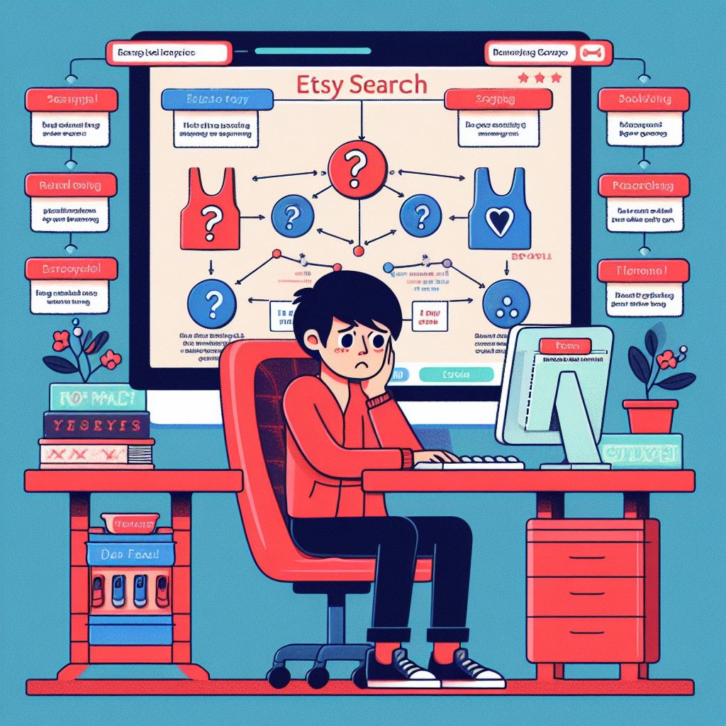 A visual representation of the Etsy search algorithm with labels explaining each factor's role in determining search ranking.