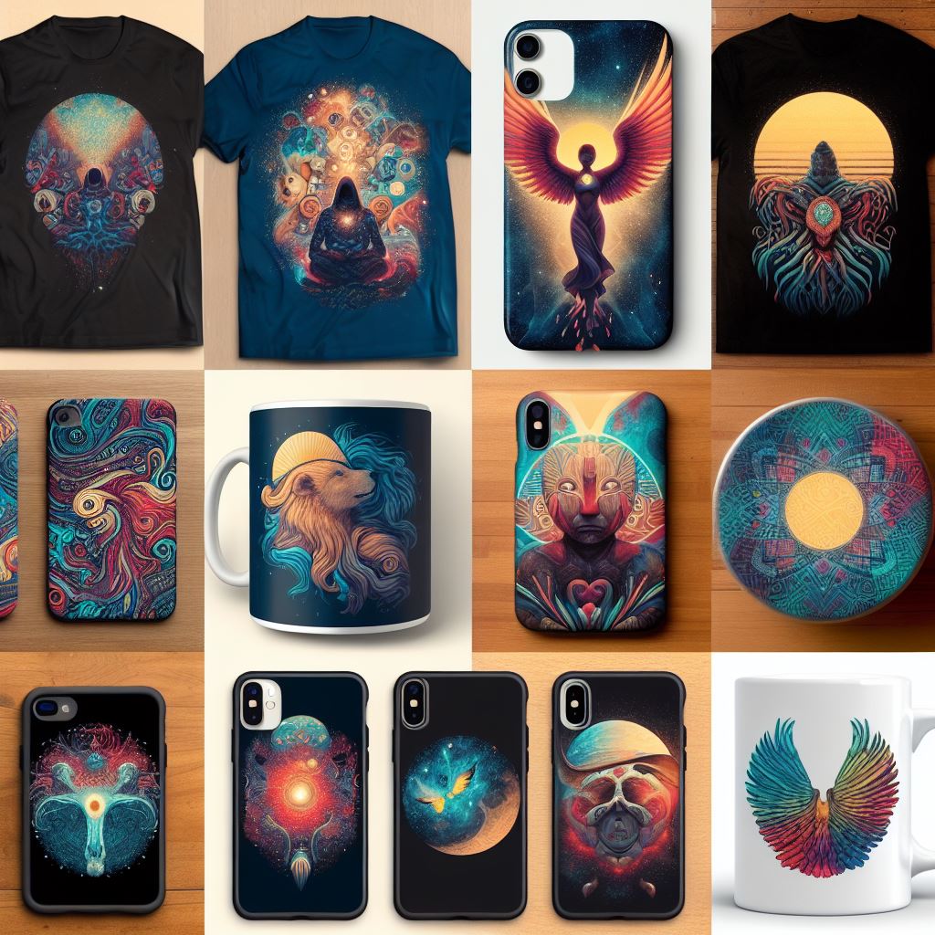 A collage showcasing the variety of products offered by Prodigi, including tshirts, mugs, phone cases, wall art, and tote bags, each featuring unique designs.