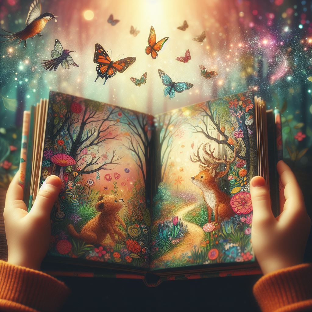 A child's hands holding a brightly illustrated open children's book, with a magical forest background and elements like animals, butterflies, or other fantastical creatures emerging from the pages.