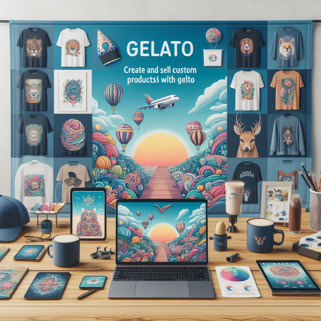 A banner showcasing a variety of Gelato products, such as wall art, apparel, mugs, and phone cases, with the tagline "Create and Sell Custom Products Globally with Gelato