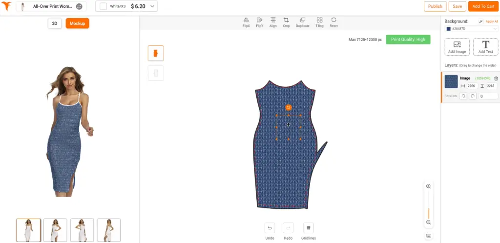 A screenshot of the Yoycol mockup generator interface, showing a user customizing a t-shirt design with a graphic of a cat wearing sunglasses.