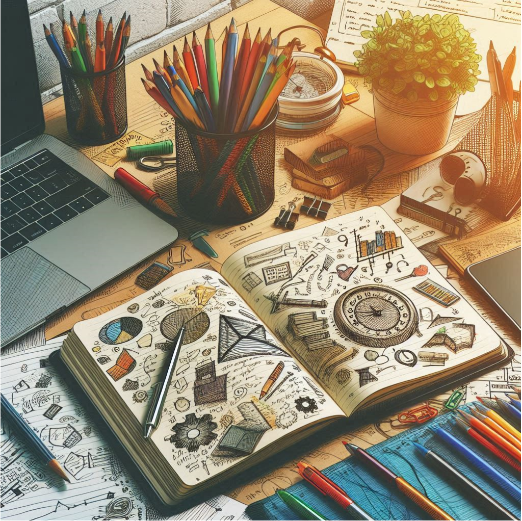 A writer's desk with a notebook, colorful pens, and a laptop. The notebook is open with scribbles and drawings, representing the brainstorming process.