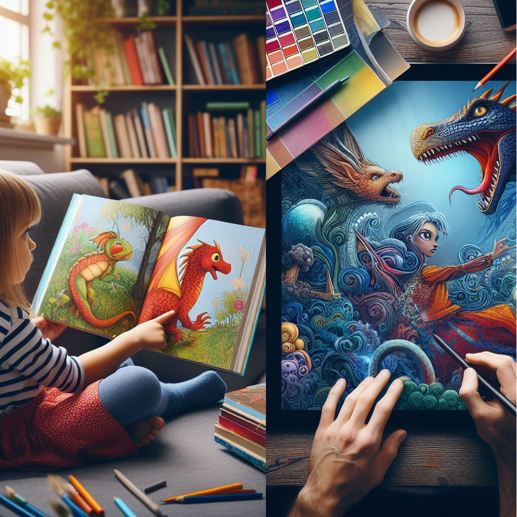 A split image showing a child reading a vibrantly illustrated children's book alongside a digital artist working on a tablet, showcasing the different illustration methods.