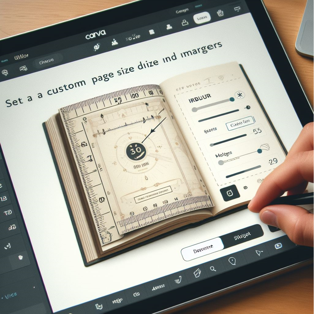 A close-up screenshot of Canva's interface demonstrating how to set custom page size and margins for your book's interior.