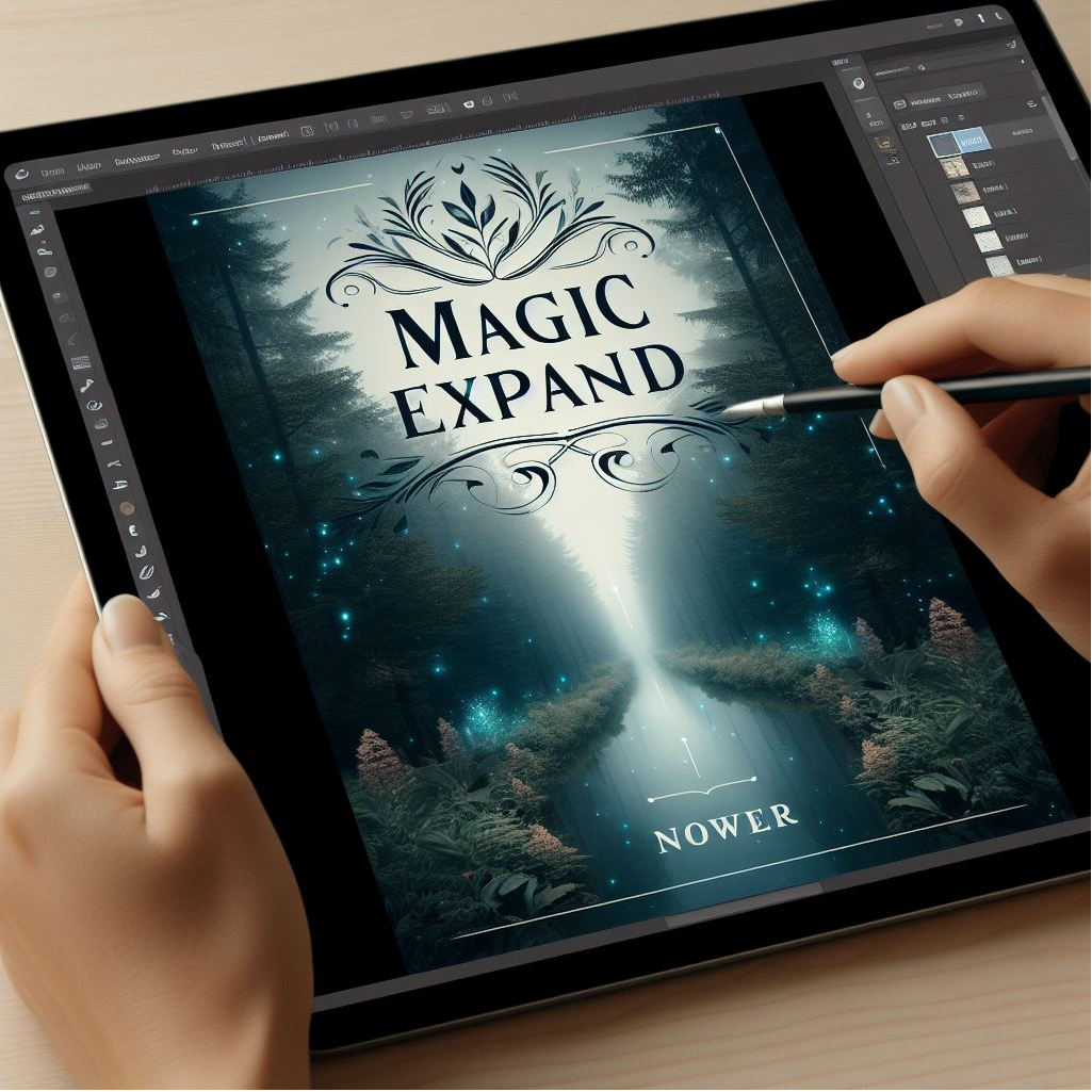 A screenshot of Canva's "Magic Expand" feature being used to extend a background image for a book cover.