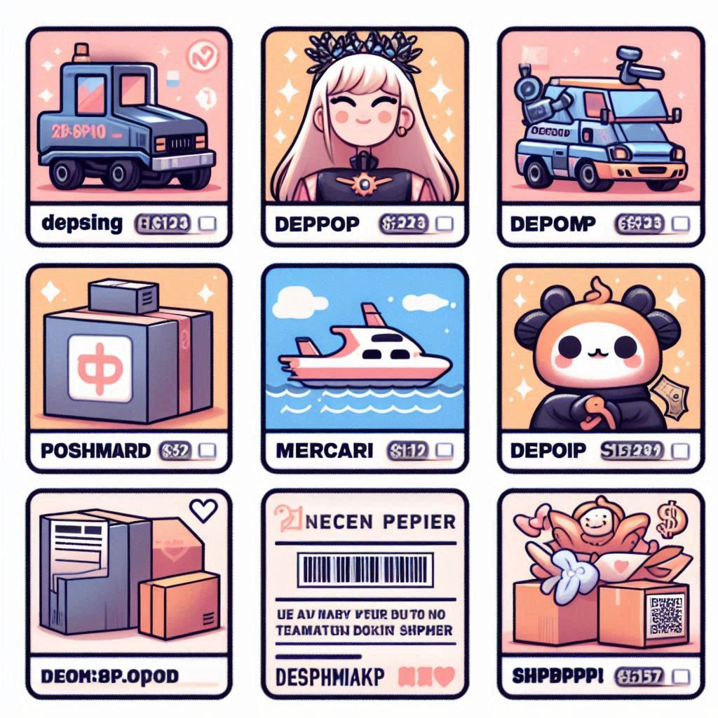 An image here showcasing the shipping options and label examples for Depop, Poshmark, and Mercari.