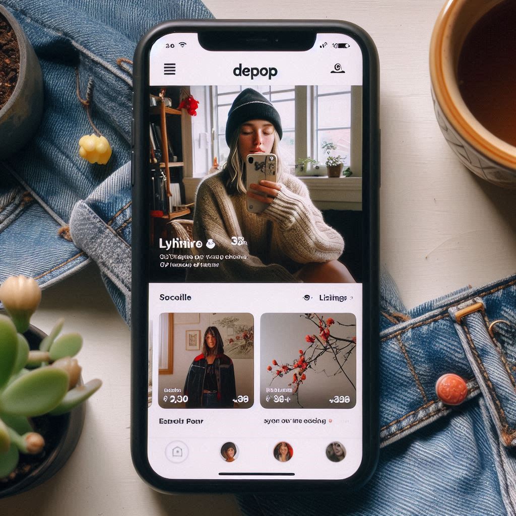 A screenshot of the Depop app showcasing a user's profile, listings, and social features
