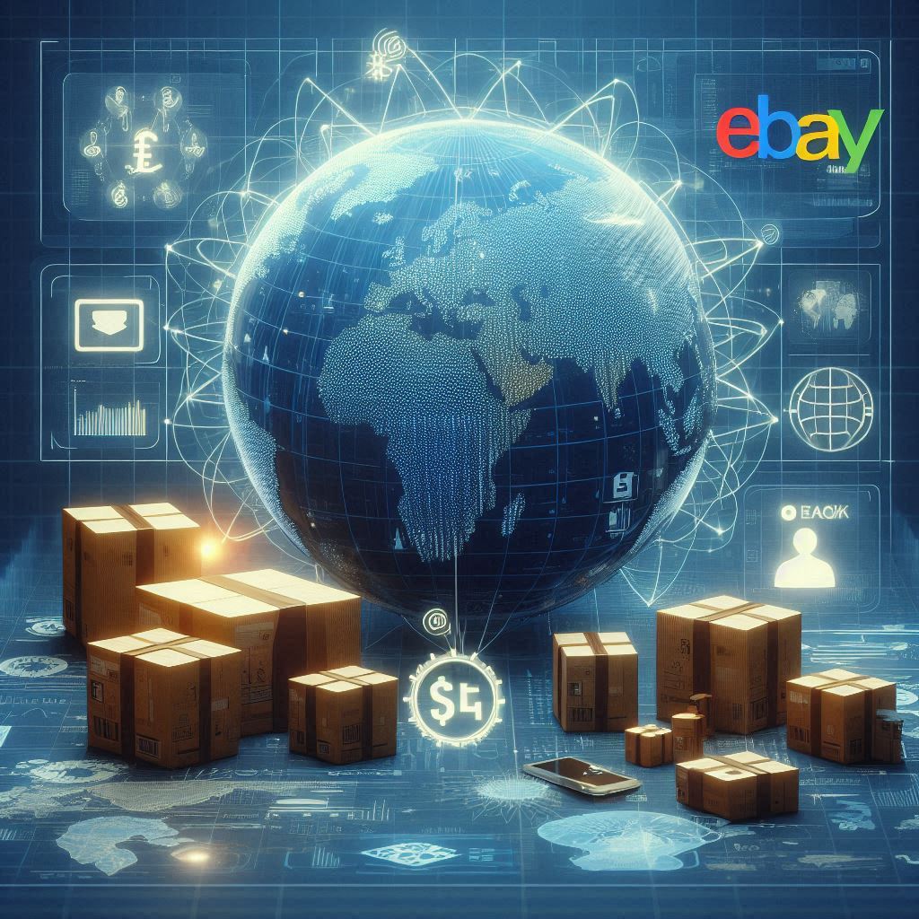 A graphic showcasing the global reach of eBay, with a map highlighting its international user base.