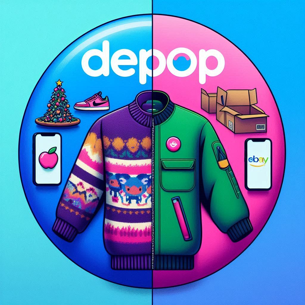 A split image with Depop on one side and eBay on the other, visually representing their target audiences and distinct selling styles.