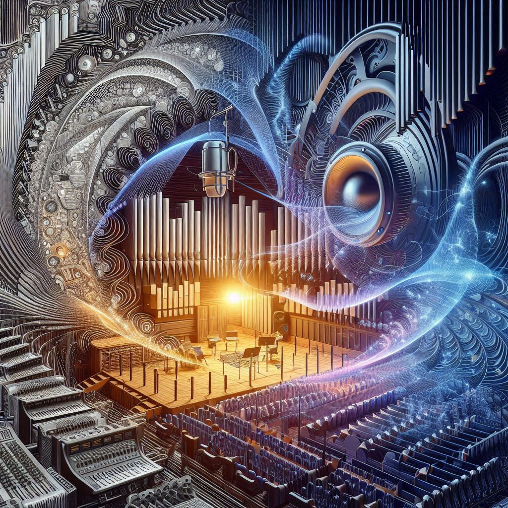 Generate an illustration for a blog post titled "Convolution Reverb: Creating Realistic Spaces with Impulse Responses." The image should visually represent the concept of convolution reverb and impulse responses. Depict a studio or recording environment with sound waves emanating from a speaker, bouncing off surfaces, and creating an intricate pattern of reflections. Incorporate elements that suggest different spaces like a concert hall, cathedral, and a small room, blending seamlessly. Use vibrant colors to highlight the sound waves and reflections, giving a sense of depth and realism. Ensure the overall style is modern and tech-savvy, capturing the essence of audio technology and its application in creating realistic acoustic environments.